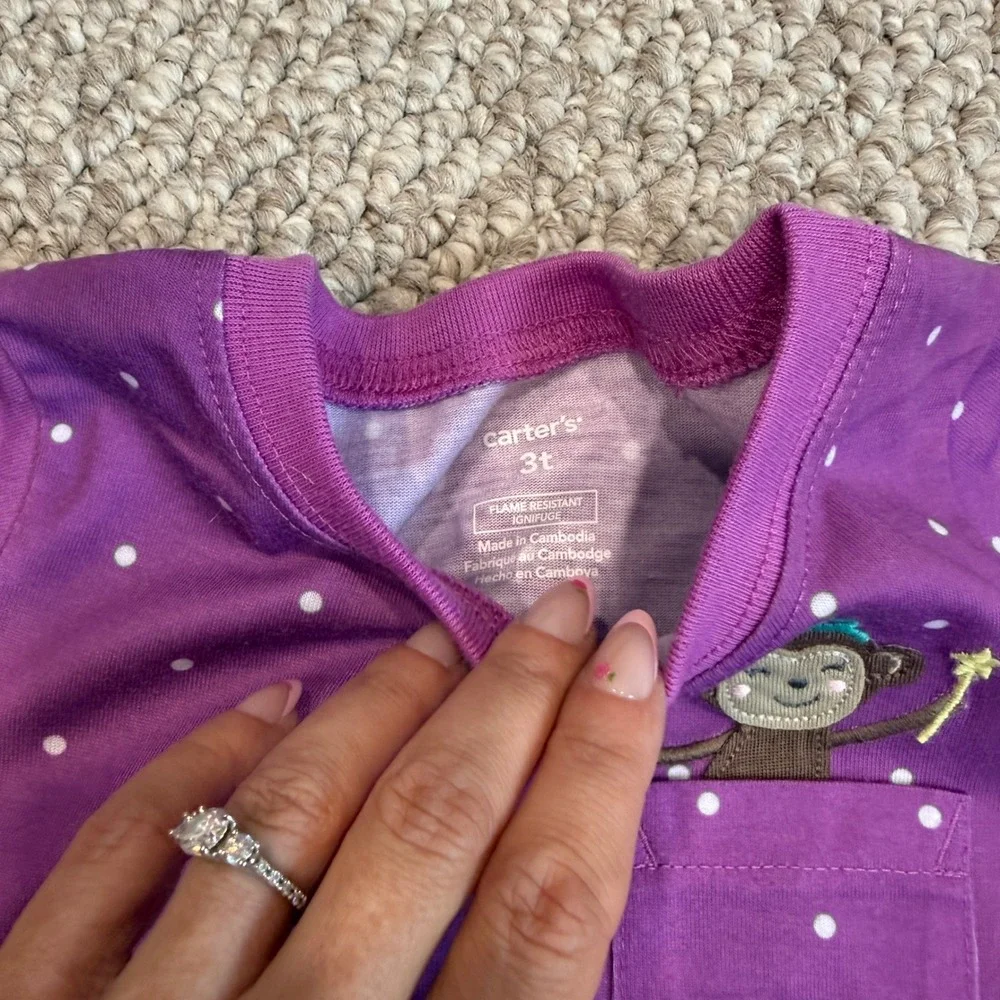 Carters Girls Size 3T Purple Polka Dot Monkey Floral 3 Piece Pajama Set